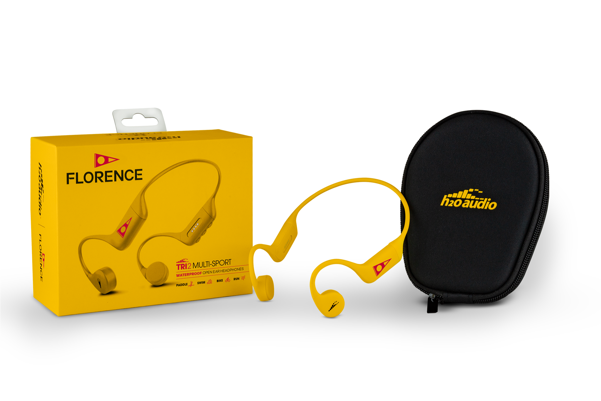 Yellow headphones with a black carrying case and Florence branded box