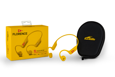 Yellow headphones with a black carrying case and Florence branded box 